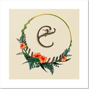 Letter E in tropical circular flower frame with girl figure Posters and Art